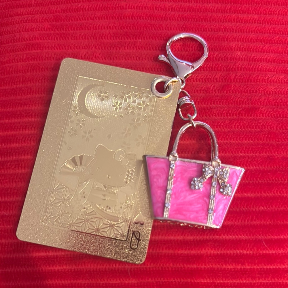 Hello Kitty Gold and Pink Bag Charm Card Holder Keychain Accessory